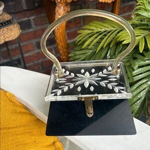 Vintage Black Lucite Hard Box Bag Purse with Crystal Cut Lucite Lid